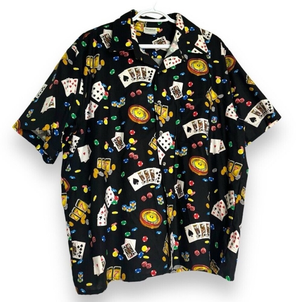 Vintage Patiowear 90’s Poker Button Down Short Sleeve Casino Long Baggy